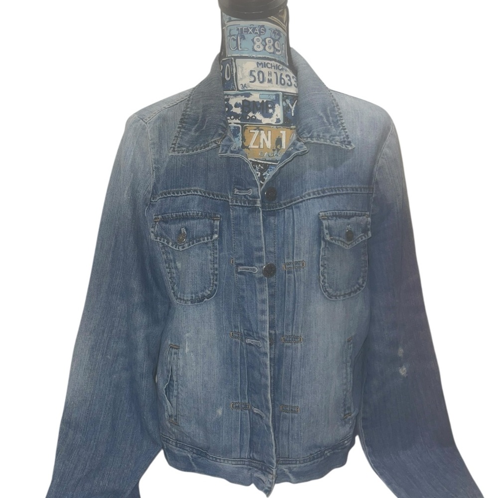 J. CREW Button Up Distressed Blue Jean Jacket With Pockets 100% Cotton Large
